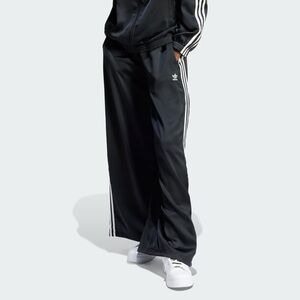 Women’s Adidas Satin Black Wide-Leg Track Pants with White Three-Stripes